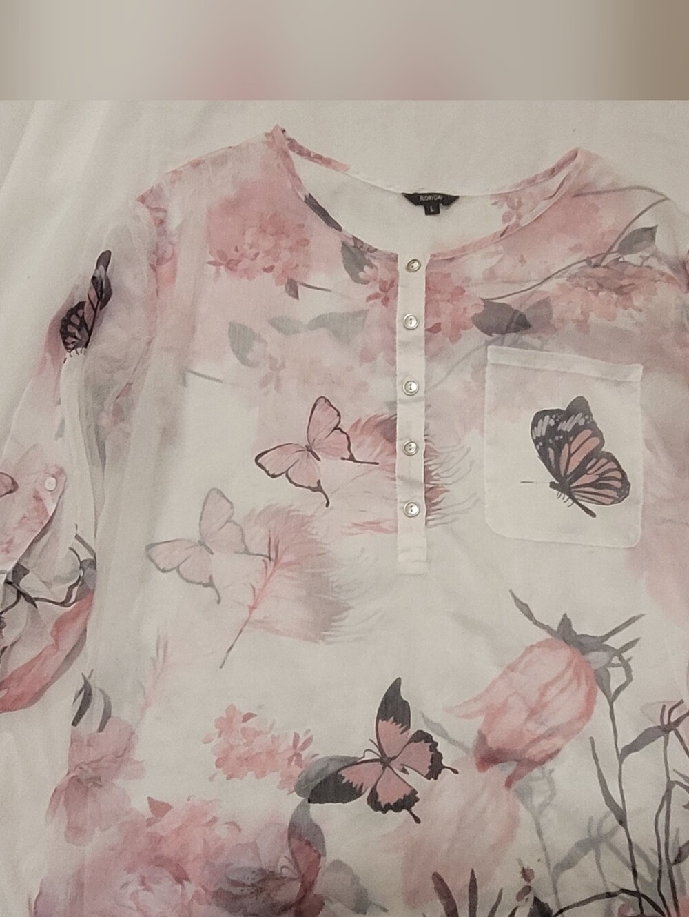 Women’s Sheer Pink Floral & Butterfly Blouse with Front Button Placket